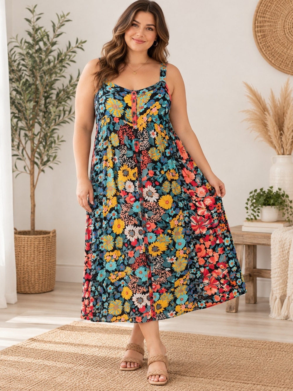 Natural Life NWT XL Floral Cold Shoulder Button Front Boho Maxi Dress